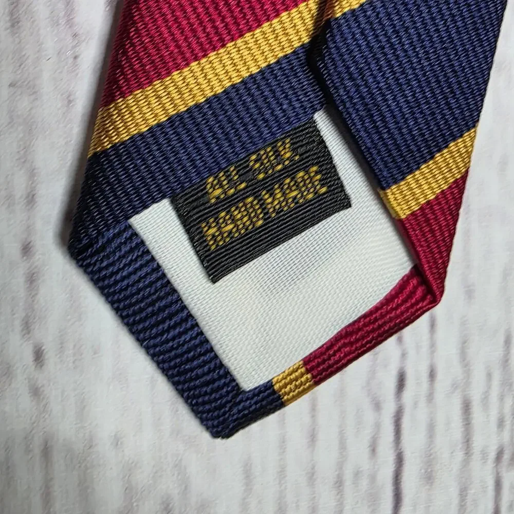 Ben Silver Charleston Pure English Silk Regimental Stripe Tie Red Navy Gold